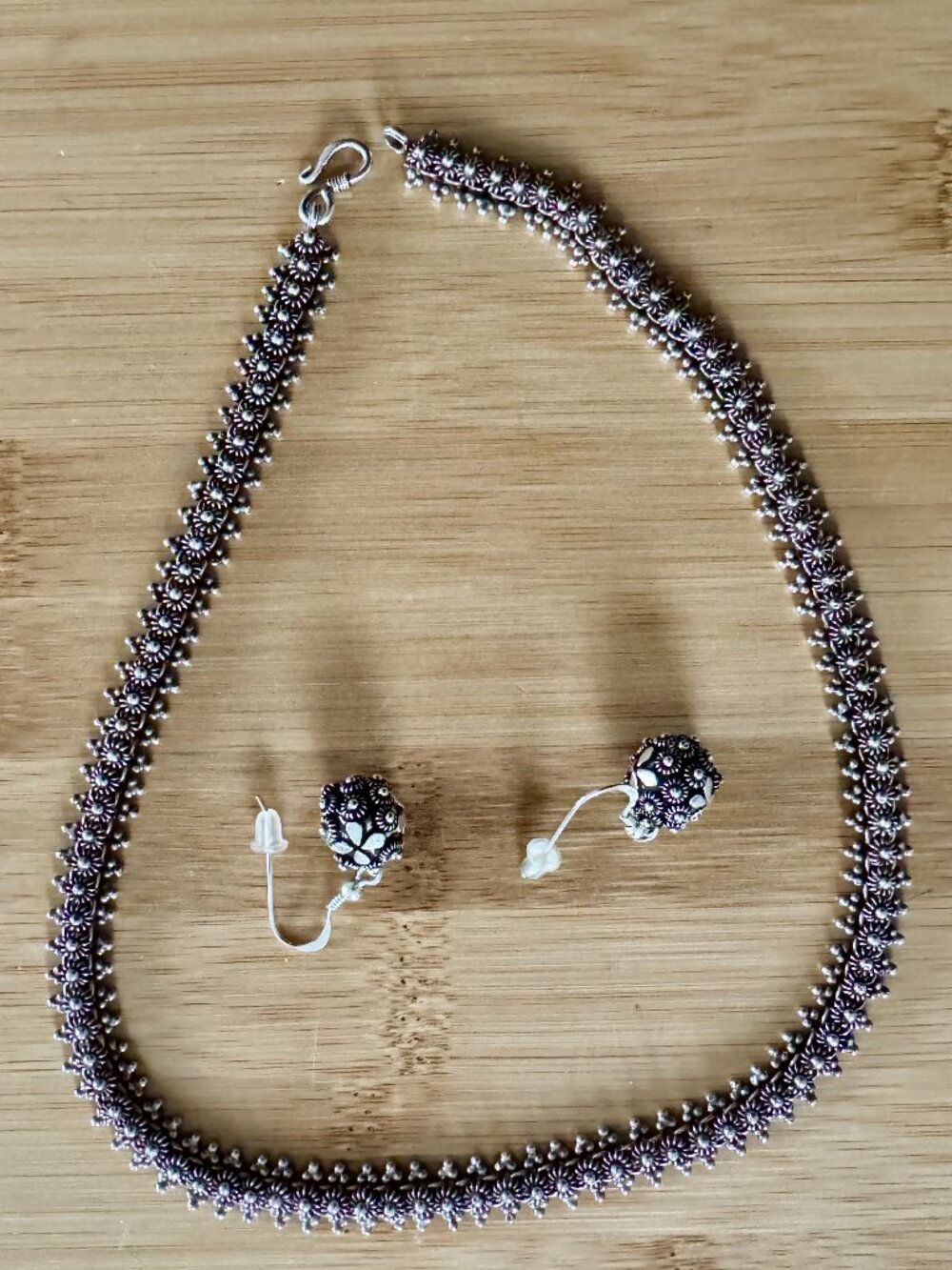 Laos Silver Filigree Dok Pikoun Necklace and Earrings Set